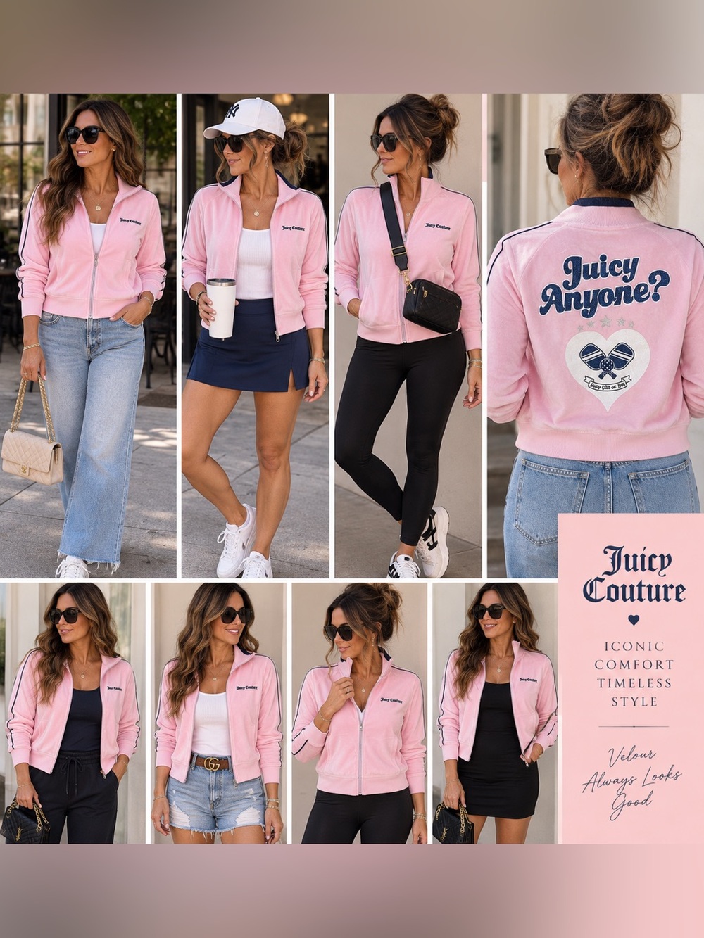 Juicy Couture Pink Velour Tracksuit Jacket with Navy Trim